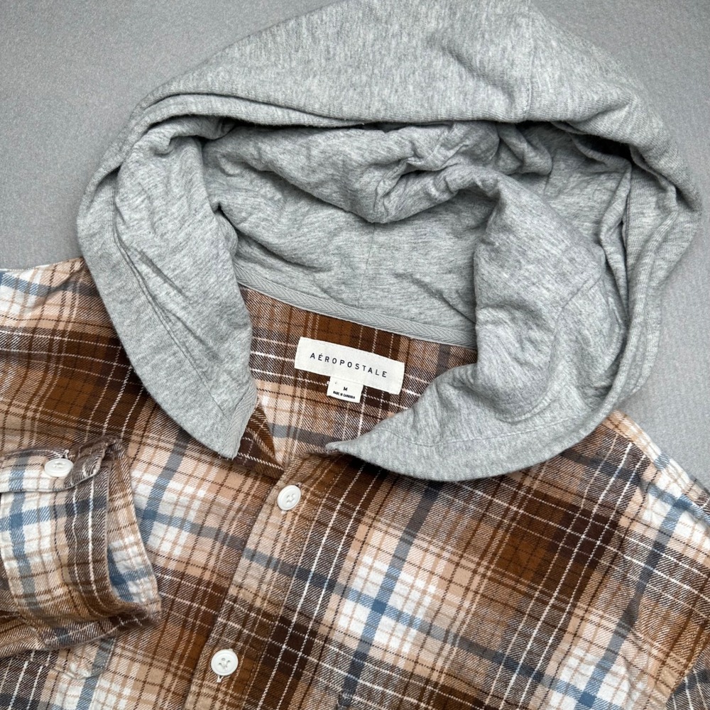 Aeropostale Hooded Flannel Shirt Mens M Brown Plaid Long Sleeve Button Up 0993